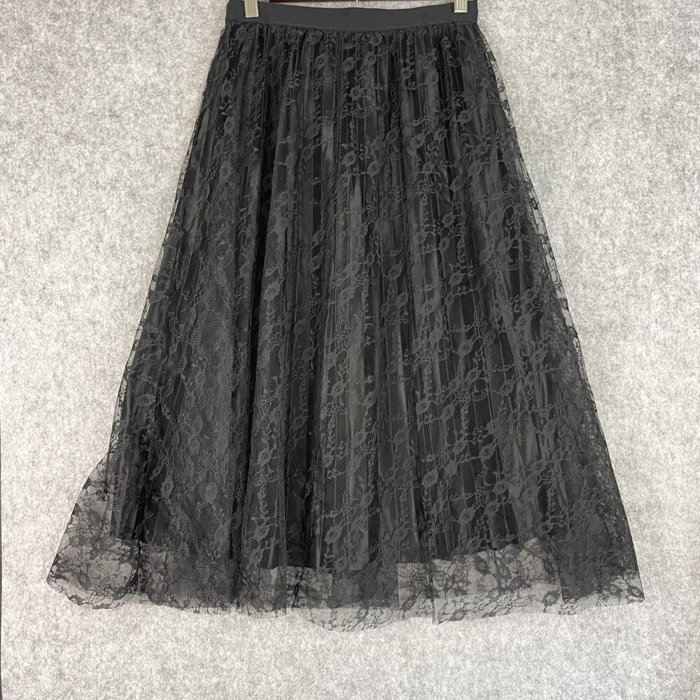 VTG Fairygoth Witchy Y2K Maxi Skirt Women Medium Black Floral Pleated Sheer Lace - Picture 1 of 15